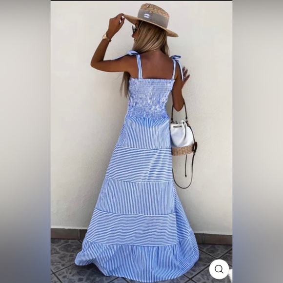 MARTINE Shirred Striped Maxi Dress - BLUE NWT - Picture 7 of 10